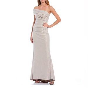 NWT ELIZA J Dress Champagne Knit One Shoulder Evening/Wedding /MOBride GOWN Sz 6